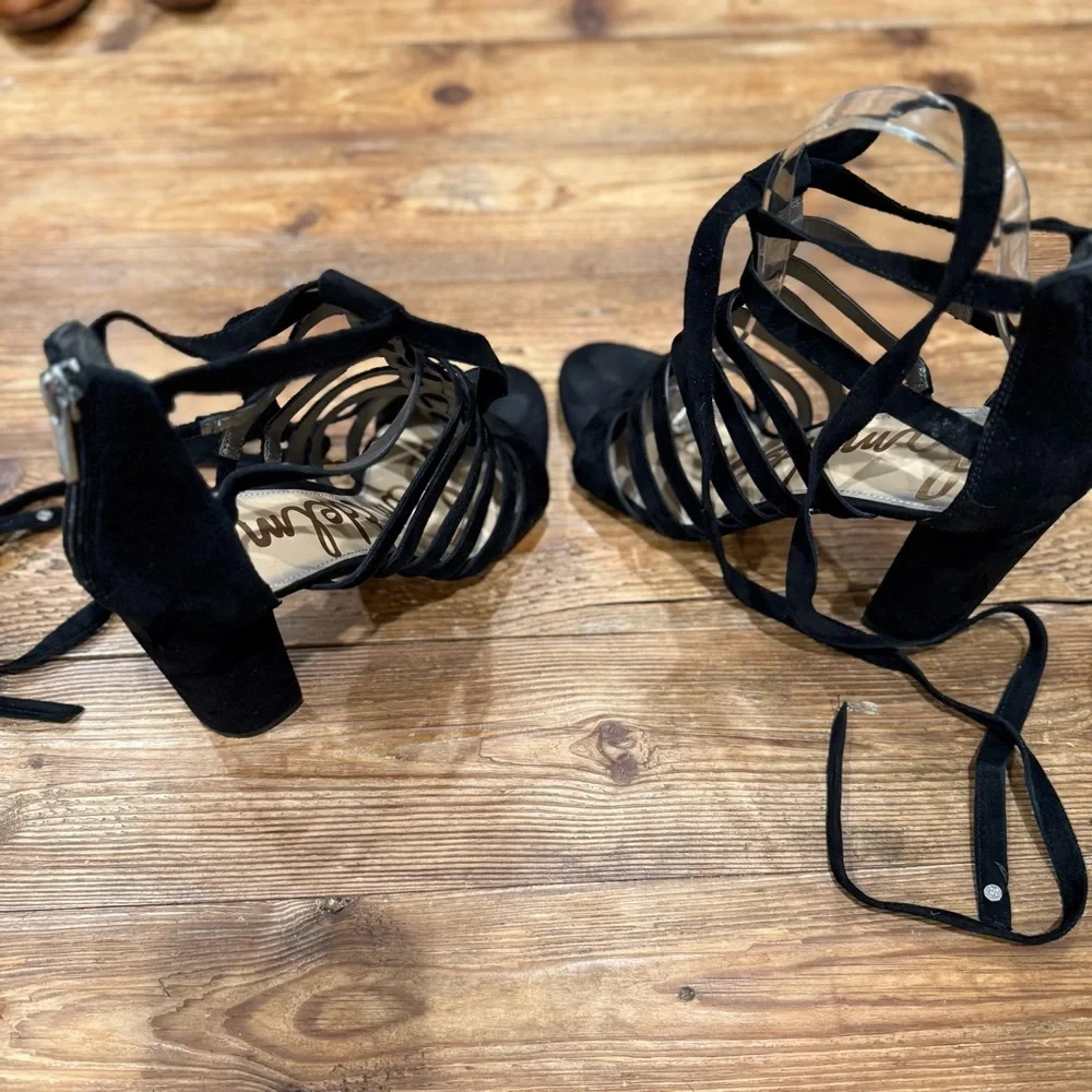 Sam Edelman Yarina Black Strappy 4” Chunky Heel‎ Leather Sandals Women’s 7.5 EUC